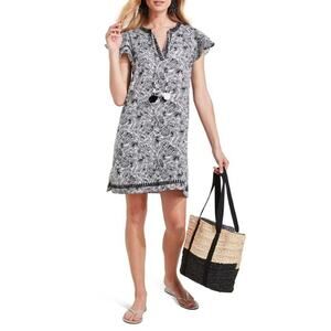 Vineyard Vines Linear Palms Linen Short Sleeve Mini Tunic Dress Black White XL